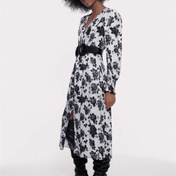 Zara Women’s White Black Floral Maxi Dress Button Down Smocked Waist Sz M - Picture 1 of 13